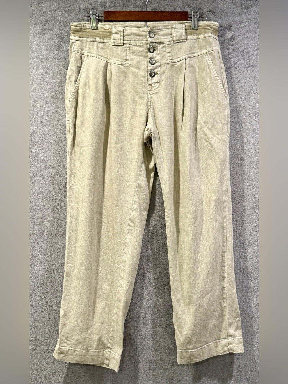 Sundance Quinn Linen Blend Beige Button Front Pants Petite 4 Boho Resortwear